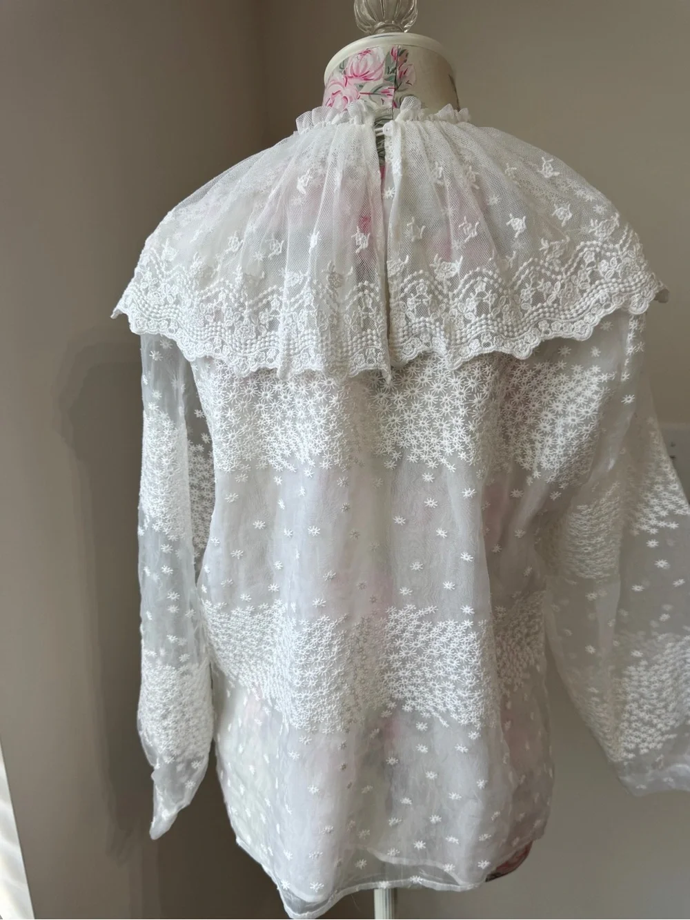 Zara White Sheer Lace Ruffle-Neck Blouse